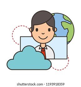 businessman cartoon cloud storage world social media