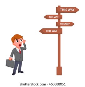 Businessman cartoon confusing for choosing future direction to success