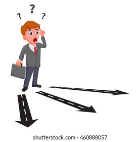 Businessman cartoon confusing for choosing future direction to success