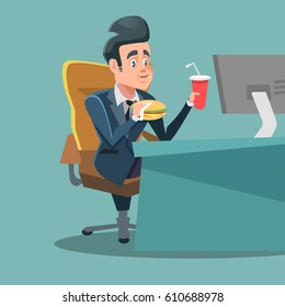 Businessman Cartoon Eating Unhealthy Fast Food at Office Work Place. Vector illustration