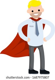 Businessman. Cartoon flat illustration. Superhero in red cloak. Man in strong pose and suit. Success and victory in business