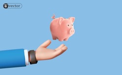 Businessman Cartoon Hand With Piggy Bank On Light Blue Background. Concept Of Finance And Money Accumulation. Vector 3D Illustration
