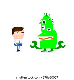 businessman cartoon indifferent gesture in front of a monster