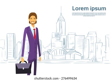 Businessman Cartoon over Sketch City Skyscraper Vector Illustration