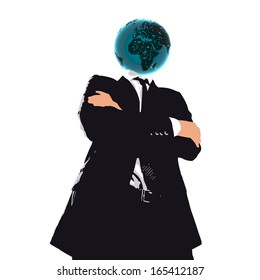 businessman cartoon with planet head