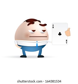 businessman cartoon with poker-faced holding ace of clubs