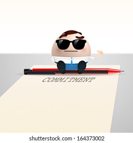 businessman cartoon sitting on a sheet paper. commitment concept