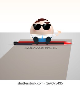 businessman cartoon sitting on a sheet paper. confidential concept