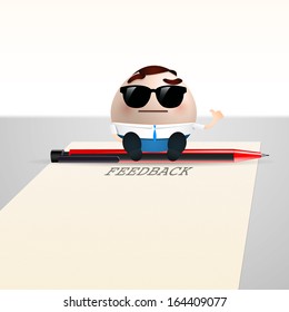 businessman cartoon sitting on a sheet of paper. feedback concept