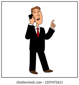 Businessman in cartoon style in black suit talking on the phone isolated on white background.