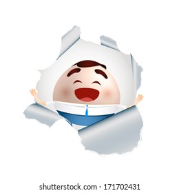 businessman cartoon. torn paper concept