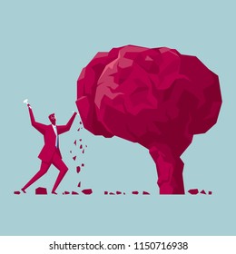  A businessman is carving a brain sign. The background is blue.
