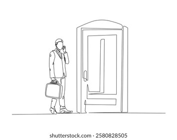 Businessman caryying briefacase in front of door in continuous one line drawing. Businessman and door line draw. Editable vector.