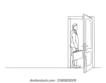 Businessman caryying briefacase in front of door in continuous one line drawing. Businessman and door line draw. Editable vector.