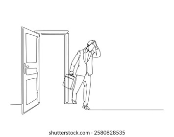 Businessman caryying briefacase in front of door in continuous one line drawing. Businessman and door line draw. Editable vector.