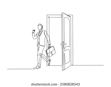 Businessman caryying briefacase in front of door in continuous one line drawing. Businessman and door line draw. Editable vector.