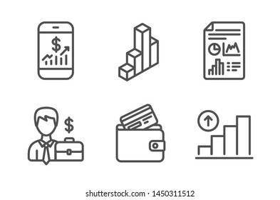 Businessman case, Debit card and 3d chart icons simple set. Mobile finance, Report document and Graph chart signs. Human resources, Wallet with credit card. Finance set. Line businessman case icon