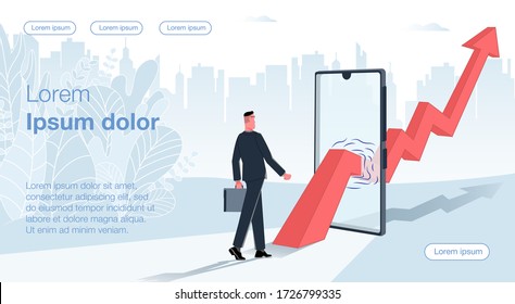 A businessman with a case goes in the direction of the arrow of an upward growing chart coming out of a mobile phone. The road to success. Business vector concept illustration.