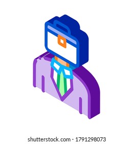 Businessman With Case Head Icon Vector. Isometric Sme Subject Matter Expert Businessman Human Wearing Suit sign. color isolated symbol illustration