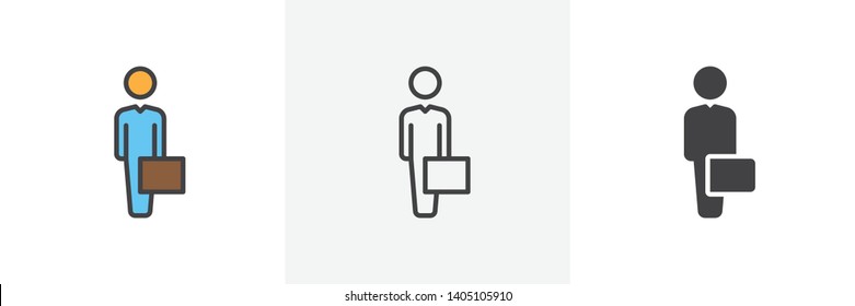 Businessman with case icon. Line, glyph and filled outline colorful version, Man with briefcase outline and filled vector sign. Symbol, logo illustration. Different style icons set. Vector graphics