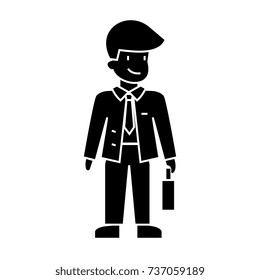 businessman with case icon, vector illustration, black sign on isolated background