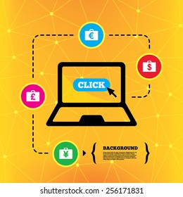 Businessman case icons. Cash money diplomat signs. Dollar, euro and pound symbols. Notebook device orange background with icons. Vector