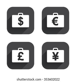 Businessman case icons. Cash money diplomat signs. Dollar, euro and pound symbols. Square flat buttons with long shadow.