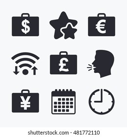 Businessman case icons. Cash money diplomat signs. Dollar, euro and pound symbols. Wifi internet, favorite stars, calendar and clock. Talking head. Vector