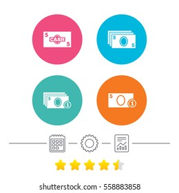 Businessman case icons. Currency with coins sign symbols. Calendar, cogwheel and report linear icons. Star vote ranking. Vector