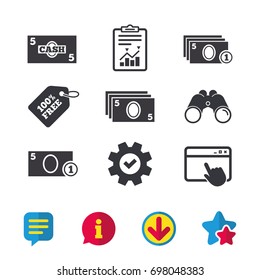 Businessman case icons. Currency with coins sign symbols. Browser window, Report and Service signs. Binoculars, Information and Download icons. Stars and Chat. Vector