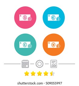 Businessman case icons. Dollar, yen, euro and pound currency sign symbols. Calendar, cogwheel and report linear icons. Star vote ranking. Vector