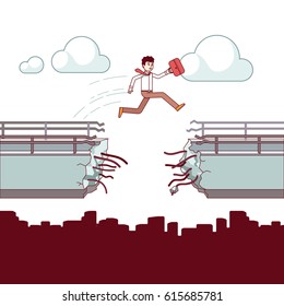 Businessman with case jumping over the broken bridge. Business metaphor of overcoming fears & obstacles. Leaping over a gap cliff. Modern flat style thin line vector illustration isolated on white.