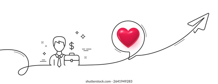Businessman with Case line icon. Continuous line with share plane. Diplomat with Dollar sign. 3d heart in speech bubble. Businessman case single line ribbon. Loop curve pattern. Vector