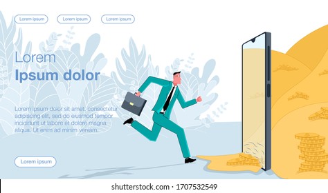 A businessman with a case runs into a phone from which mountains of coins are visible. Business vector concept illustration.