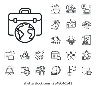 Businessman case sign. Plane jet, travel map and baggage claim outline icons. Global business line icon. Internet marketing symbol. Businessman case line sign. Car rental, taxi transport icon. Vector