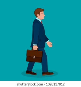 Businessman with case vector illustration. Walking man with briefcase, side view.