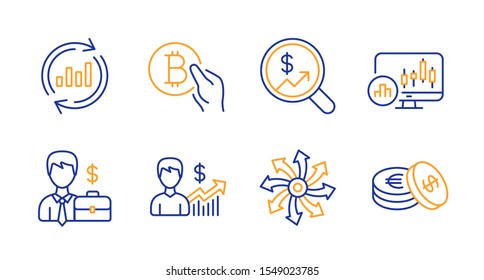 Businessman case, Versatile and Candlestick chart line icons set. Bitcoin pay, Currency audit and Business growth signs. Update data, Savings symbols. Human resources, Multifunction. Vector