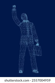 Businessman with case wireframe, outline vector sign, linear style pictogram isolated on blue. Symbol, logo illustration.