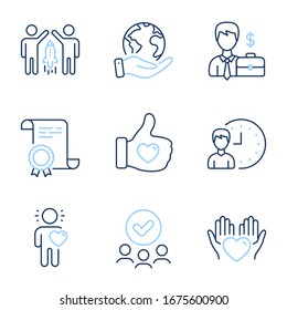 Businessman case, Working hours and Friend line icons set. Diploma certificate, save planet, group of people. Hold heart, Partnership and Like hand signs. Vector