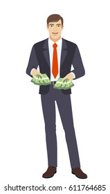 Businessman with cash money. Full length portrait of businessman in a flat style. Vector illustration.
