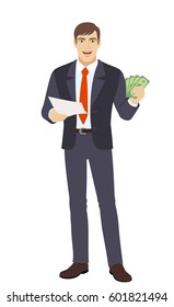 Businessman with cash money holding a paper. Full length portrait of businessman in a flat style. Vector illustration.