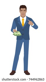Businessman with cash money pointing the finger at yourself. Self-promotion. Full length portrait of Black Business Man in a flat style. Vector illustration.