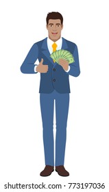 Businessman with cash money showing thumb up. Full length portrait of Black Business Man in a flat style. Vector illustration.