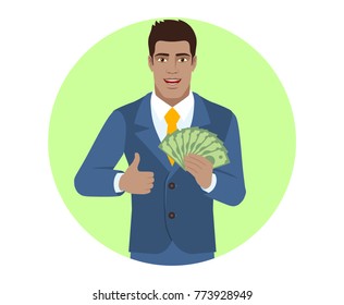 Businessman with cash money showing thumb up. Portrait of Black Business Man in a flat style. Vector illustration.