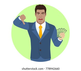 Businessman with cash money showing thumb down gesture as rejection symbol. Portrait of Black Business Man in a flat style. Vector illustration.