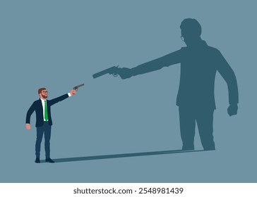 Empresário lançando uma sombra de frente um para o outro em um duelo com pistolas. Poder, ambição. Ilustração de vetor plano