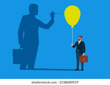 Businessman casting a shadow with human pushing needle to pop the balloon. Quarrel with its shadow. Flat vector illustration