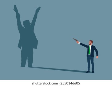 Businessman casting a shadow of robs a standing shadow businessman. Power, ambition. Flat vector illustration