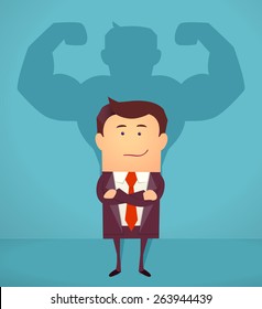 Businessman casting strong man shadow. Successful businessman concept. Vector illustration