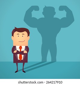 Businessman casting strong man shadow. Successful businessman concept. Vector illustration